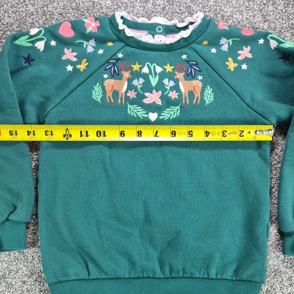 Mini Boden Sweatshirt Girls 6-7Y Green  Embroidered Animals Flora Cute